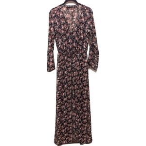 Zara Sheer Ditzy Floral on Black Maxi Long Sleeve Buttoned Up Dress (S)